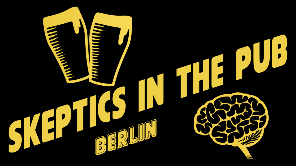 Logoschriftzug "Skeptics in the Pub Berlin", links darüber eine Illustration von zwei Biergläsern, rechts darunter die Illustration eines Gehirns